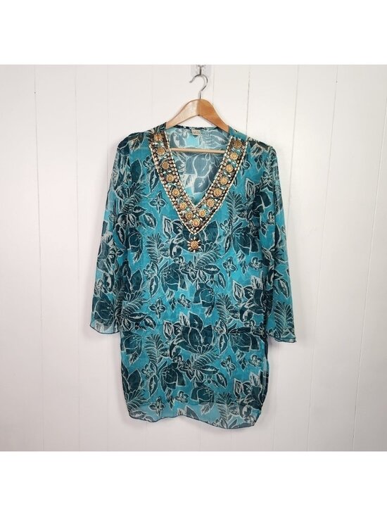 sahiba Other - Sahiba Blue Tunic 3/4 Sleeves Swim Cover-Up Top Beaded Boho Bohemian Beach